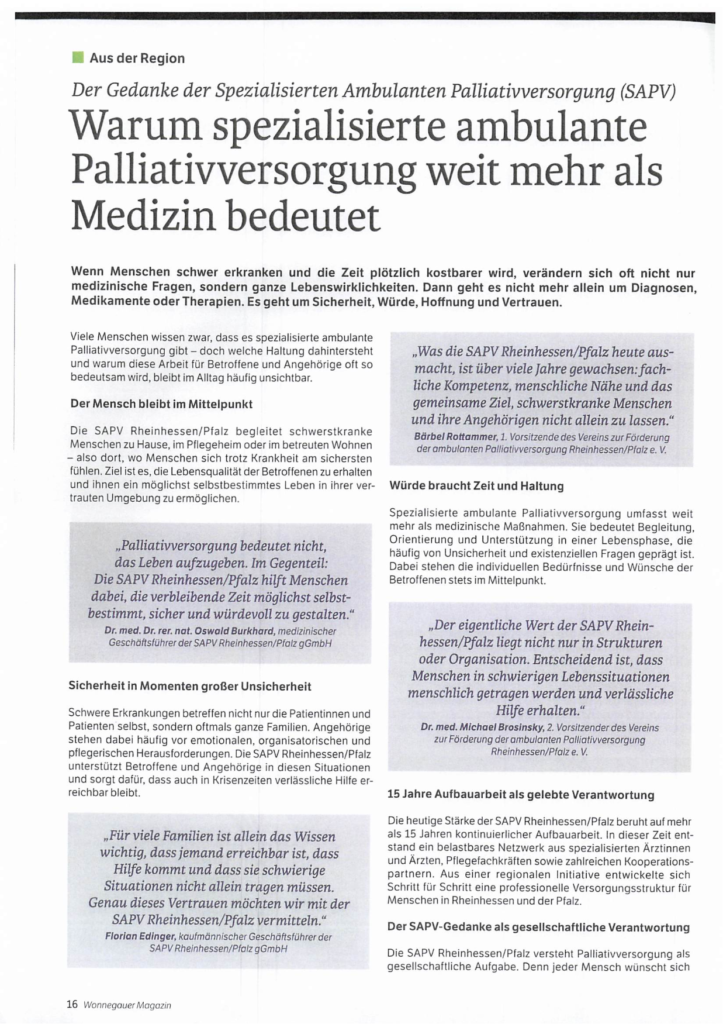 Artikel über die SAPV Rheinhessen-Pfalz im Wonnegauer Magazin – Seite 1